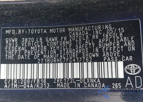 2015 Toyota Corolla Le from USA, damaged, VIN 2T1BURHE7FC417762